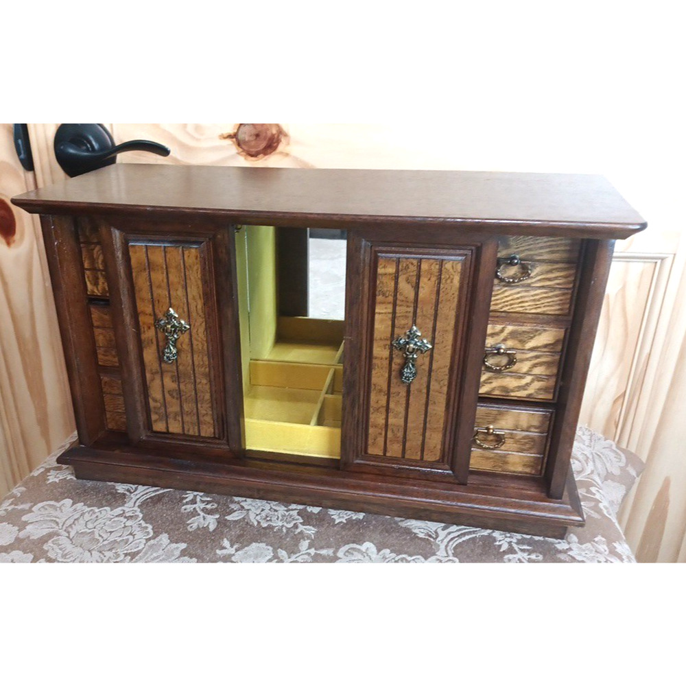 VTG Wood Jewelry Large Box MCM Organizer Japan 16x7x9* READ Cracked Mirror - Picture 2 of 16